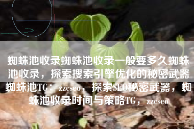 蜘蛛池收录蜘蛛池收录一般要多久蜘蛛池收录，探索搜索引擎优化的秘密武器蜘蛛池TG：zzcseo，探索SEO秘密武器，蜘蛛池收录时间与策略TG，zzcseo