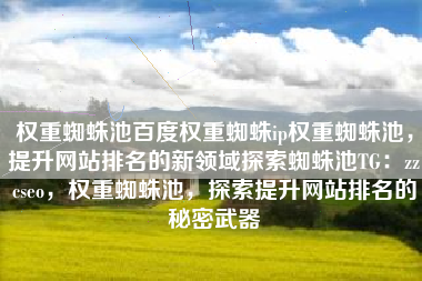权重蜘蛛池百度权重蜘蛛ip权重蜘蛛池，提升网站排名的新领域探索蜘蛛池TG：zzcseo，权重蜘蛛池，探索提升网站排名的秘密武器