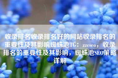 收录排名收录排名好的网站收录排名的重要性及其影响蜘蛛池TG：zzcseo，收录排名的重要性及其影响，蜘蛛池SEO策略详解