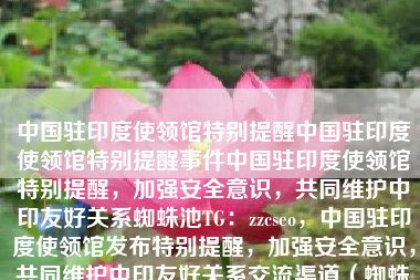 中国驻印度使领馆特别提醒中国驻印度使领馆特别提醒事件中国驻印度使领馆特别提醒，加强安全意识，共同维护中印友好关系蜘蛛池TG：zzcseo，中国驻印度使领馆发布特别提醒，加强安全意识，共同维护中印友好关系交流渠道（蜘蛛池TG，zzcseo）