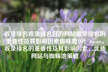 收录排名收录排名好的网站收录排名的重要性及其影响因素蜘蛛池TG：zzcseo，收录排名的重要性及其影响因素，优质网站与蜘蛛池策略