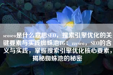 seoseo是什么意思SEO，搜索引擎优化的关键要素与实践蜘蛛池TG：zzcseo，SEO的含义与实践，掌握搜索引擎优化核心要素，揭秘蜘蛛池的秘密