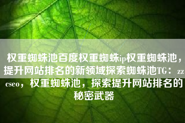 权重蜘蛛池百度权重蜘蛛ip权重蜘蛛池，提升网站排名的新领域探索蜘蛛池TG：zzcseo，权重蜘蛛池，探索提升网站排名的秘密武器