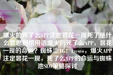 爆火的死了么APP注定昙花一现死了是什么意思网络用语爆火的死了么APP，昙花一现的命运？蜘蛛池TG：zzcseo，爆火APP注定昙花一现，死了么APP的命运与蜘蛛池SEO策略探讨
