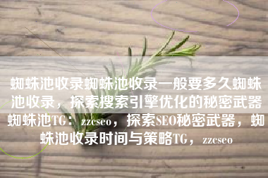蜘蛛池收录蜘蛛池收录一般要多久蜘蛛池收录，探索搜索引擎优化的秘密武器蜘蛛池TG：zzcseo，探索SEO秘密武器，蜘蛛池收录时间与策略TG，zzcseo