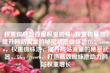 权重蜘蛛池百度权重蜘蛛ip权重蜘蛛池，提升网站流量的秘密武器蜘蛛池TG：zzcseo，权重蜘蛛池，提升网站流量的秘密武器，TG，zzcseo，打造高效蜘蛛池助力网站权重增长