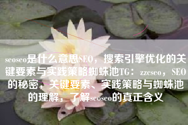 seoseo是什么意思SEO，搜索引擎优化的关键要素与实践策略蜘蛛池TG：zzcseo，SEO的秘密，关键要素、实践策略与蜘蛛池的理解，了解seoseo的真正含义