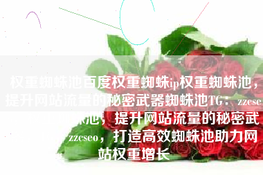 权重蜘蛛池百度权重蜘蛛ip权重蜘蛛池，提升网站流量的秘密武器蜘蛛池TG：zzcseo，权重蜘蛛池，提升网站流量的秘密武器，TG，zzcseo，打造高效蜘蛛池助力网站权重增长