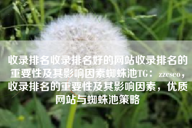 收录排名收录排名好的网站收录排名的重要性及其影响因素蜘蛛池TG：zzcseo，收录排名的重要性及其影响因素，优质网站与蜘蛛池策略