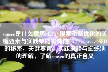 seoseo是什么意思SEO，搜索引擎优化的关键要素与实践策略蜘蛛池TG：zzcseo，SEO的秘密，关键要素、实践策略与蜘蛛池的理解，了解seoseo的真正含义