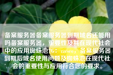 备案服务器备案服务器到期域名还能用吗备案服务器，重要性及其在现代社会中的应用蜘蛛池TG：zzcseo，备案服务器到期后域名使用问题及蜘蛛池在现代社会的重要性与应用符合您的要求。