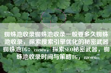 蜘蛛池收录蜘蛛池收录一般要多久蜘蛛池收录，探索搜索引擎优化的秘密武器蜘蛛池TG：zzcseo，探索SEO秘密武器，蜘蛛池收录时间与策略TG，zzcseo