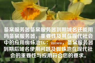 备案服务器备案服务器到期域名还能用吗备案服务器，重要性及其在现代社会中的应用蜘蛛池TG：zzcseo，备案服务器到期后域名使用问题及蜘蛛池在现代社会的重要性与应用符合您的要求。