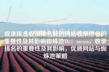 收录排名收录排名好的网站收录排名的重要性及其影响蜘蛛池TG：zzcseo，收录排名的重要性及其影响，优质网站与蜘蛛池策略