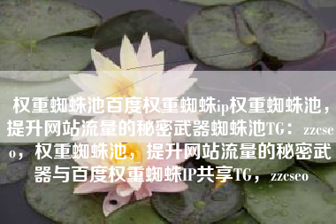 权重蜘蛛池百度权重蜘蛛ip权重蜘蛛池，提升网站流量的秘密武器蜘蛛池TG：zzcseo，权重蜘蛛池，提升网站流量的秘密武器与百度权重蜘蛛IP共享TG，zzcseo