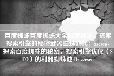 百度蜘蛛百度蜘蛛大全百度蜘蛛，探索搜索引擎的秘密武器蜘蛛池TG：zzcseo，探索百度蜘蛛的秘密，搜索引擎优化（SEO）的利器蜘蛛池TG zzcseo