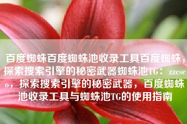 百度蜘蛛百度蜘蛛池收录工具百度蜘蛛，探索搜索引擎的秘密武器蜘蛛池TG：zzcseo，探索搜索引擎的秘密武器，百度蜘蛛池收录工具与蜘蛛池TG的使用指南