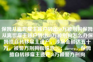 保姆从离世雇主账户转出50万被刑拘保姆从离世雇主账户转出50万被刑拘怎么办保姆擅自转移雇主遗产，涉案金额达五十万，被警方刑拘蜘蛛池TG：zzcseo，保姆擅自转移雇主遗产50万被警方刑拘