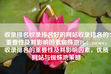 收录排名收录排名好的网站收录排名的重要性及其影响因素蜘蛛池TG：zzcseo，收录排名的重要性及其影响因素，优质网站与蜘蛛池策略