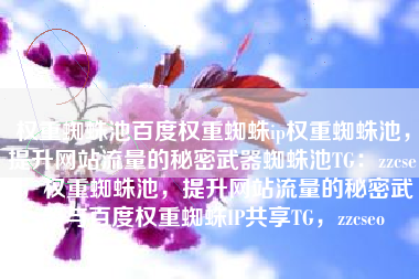 权重蜘蛛池百度权重蜘蛛ip权重蜘蛛池，提升网站流量的秘密武器蜘蛛池TG：zzcseo，权重蜘蛛池，提升网站流量的秘密武器与百度权重蜘蛛IP共享TG，zzcseo